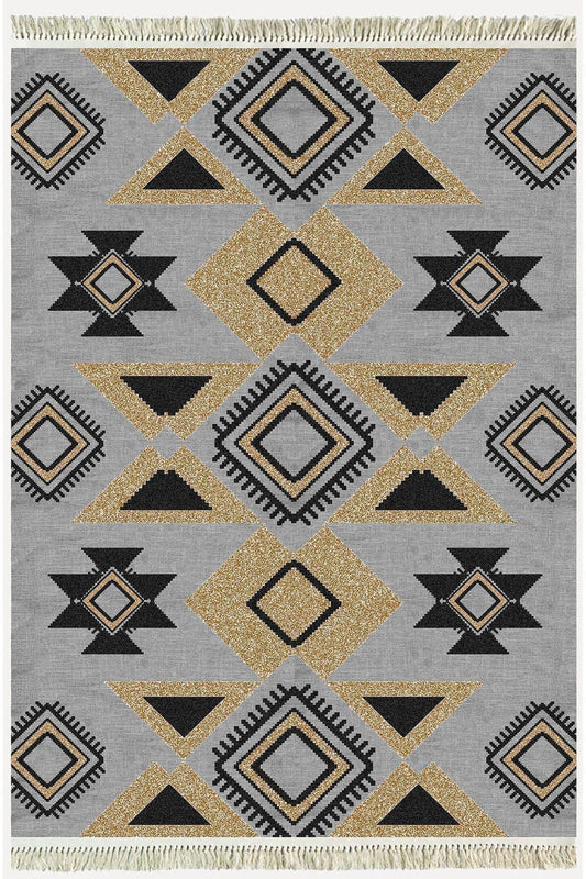 Cotton Kilim 49 Gri Zeminli Geneleksel Motifler Modern Dekoratif Yıkanabilen Dokuma Kilim - HALI VAGONU