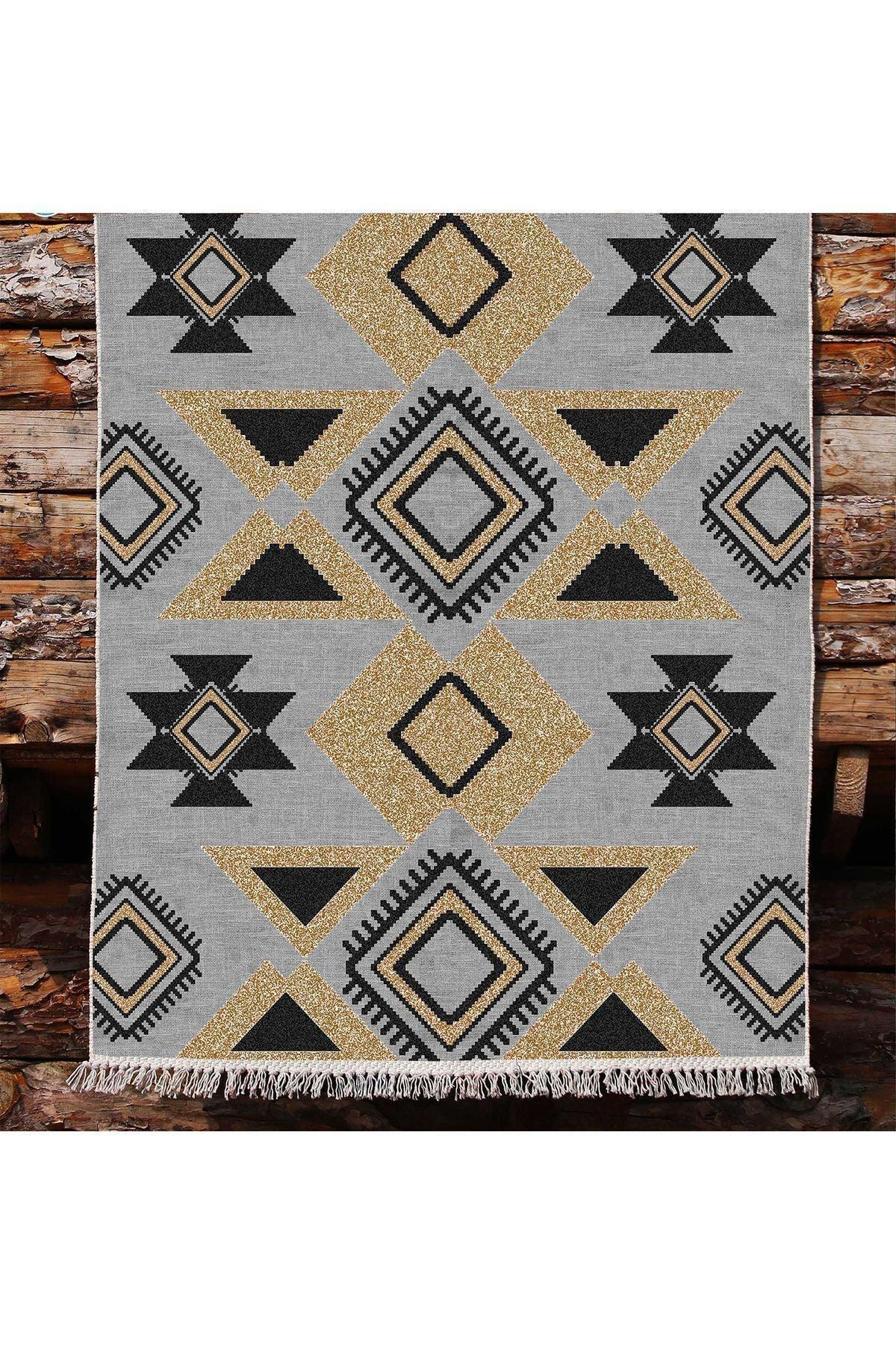 Cotton Kilim 49 Gri Zeminli Geneleksel Motifler Modern Dekoratif Yıkanabilen Dokuma Kilim - HALI VAGONU