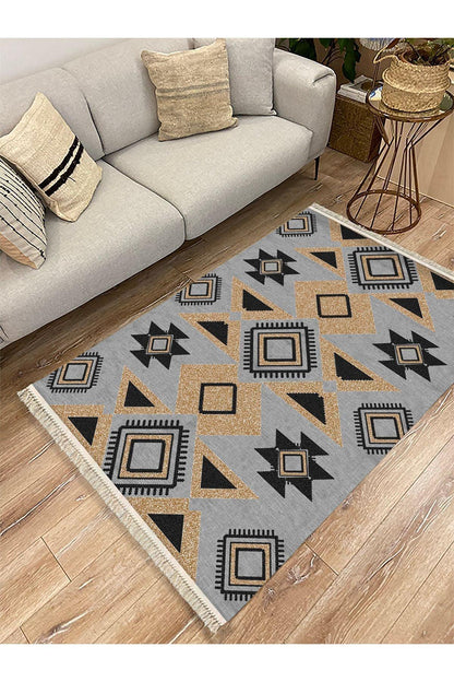 Cotton Kilim 49 Gri Zeminli Geneleksel Motifler Modern Dekoratif Yıkanabilen Dokuma Kilim - HALI VAGONU