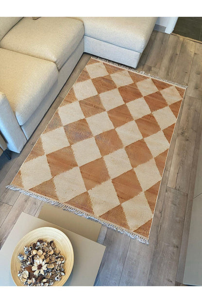 Cotton Kilim 5 Hardal Krem Tonunda Geometrik Desenli Dekoratif Yıkanabilen Dokuma Taban Kilim - HALI VAGONU