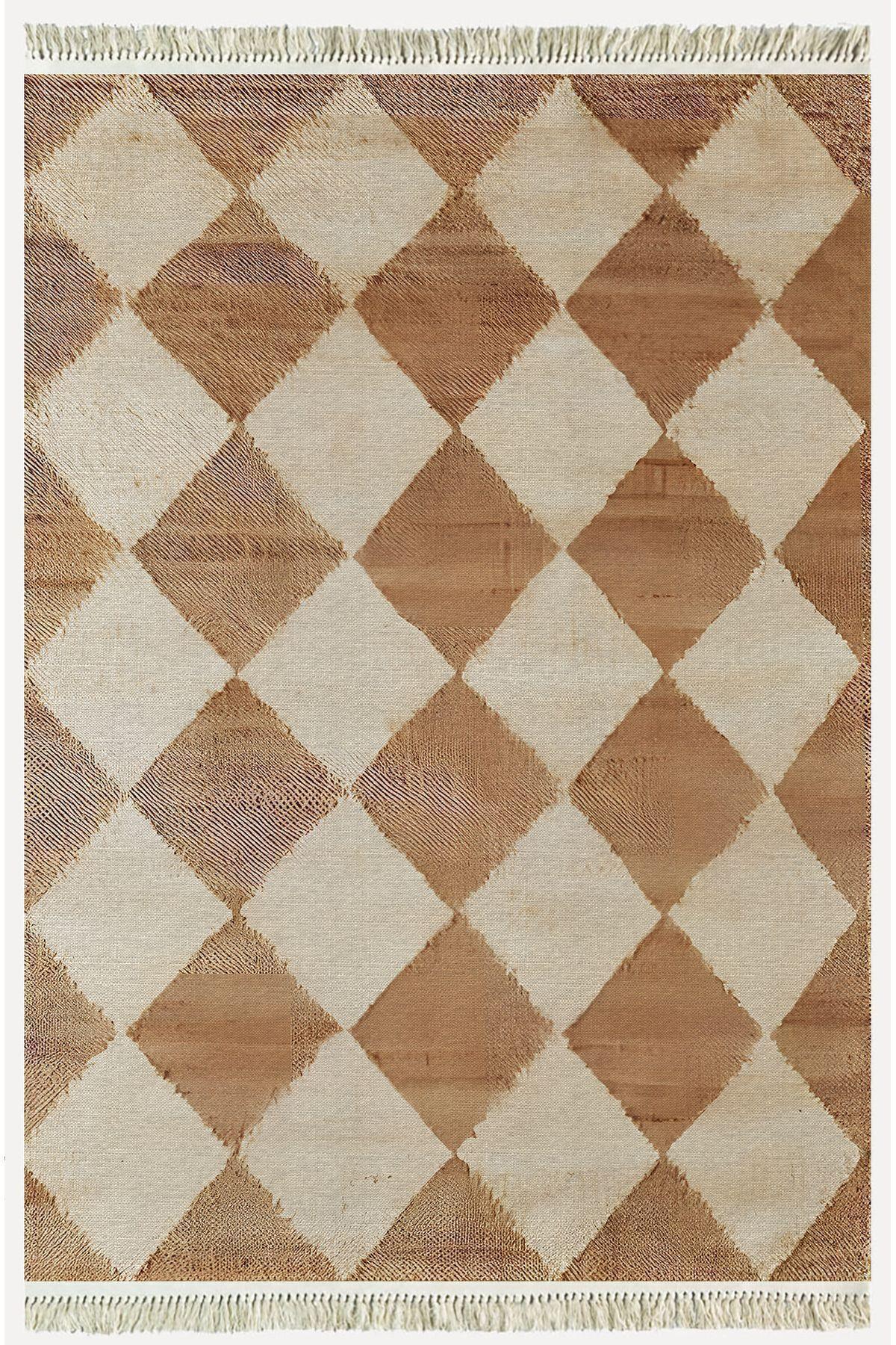 Cotton Kilim 5 Hardal Krem Tonunda Geometrik Desenli Dekoratif Yıkanabilen Dokuma Taban Kilim - HALI VAGONU
