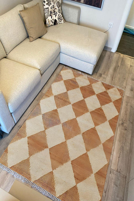 Cotton Kilim 5 Hardal Krem Tonunda Geometrik Desenli Dekoratif Yıkanabilen Dokuma Taban Kilim - HALI VAGONU