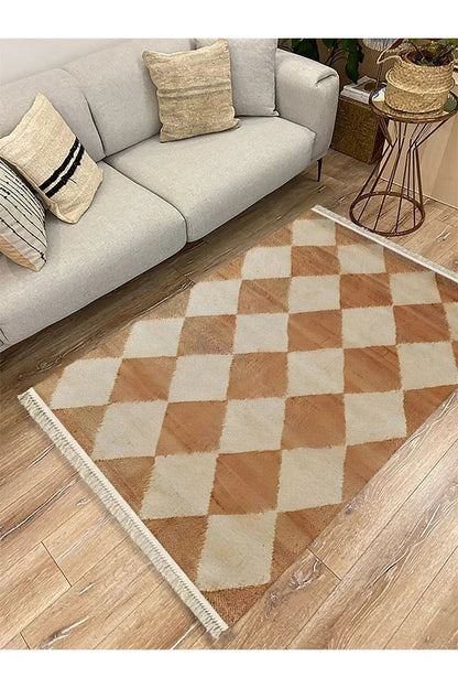 Cotton Kilim 5 Hardal Krem Tonunda Geometrik Desenli Dekoratif Yıkanabilen Dokuma Taban Kilim - HALI VAGONU