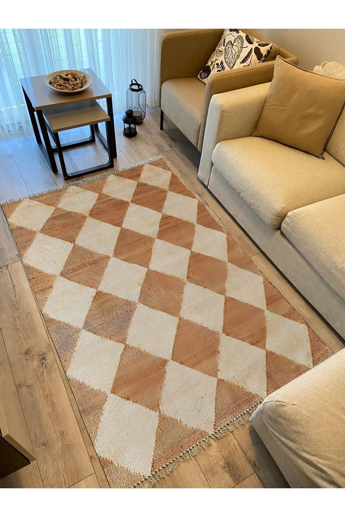Cotton Kilim 5 Hardal Krem Tonunda Geometrik Desenli Dekoratif Yıkanabilen Dokuma Taban Kilim - HALI VAGONU