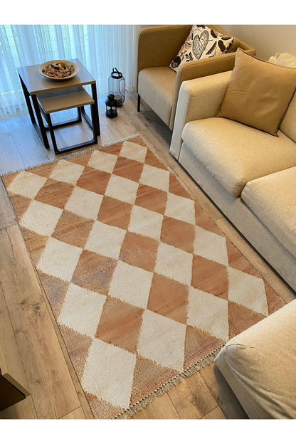 Cotton Kilim 5 Hardal Krem Tonunda Geometrik Desenli Dekoratif Yıkanabilen Dokuma Taban Kilim - HALI VAGONU