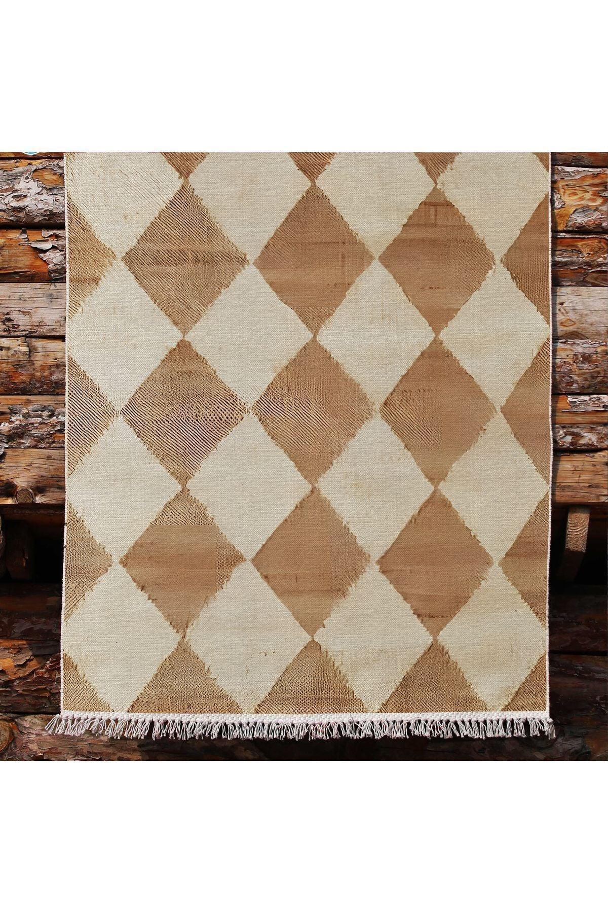 Cotton Kilim 5 Hardal Krem Tonunda Geometrik Desenli Dekoratif Yıkanabilen Dokuma Taban Kilim - HALI VAGONU