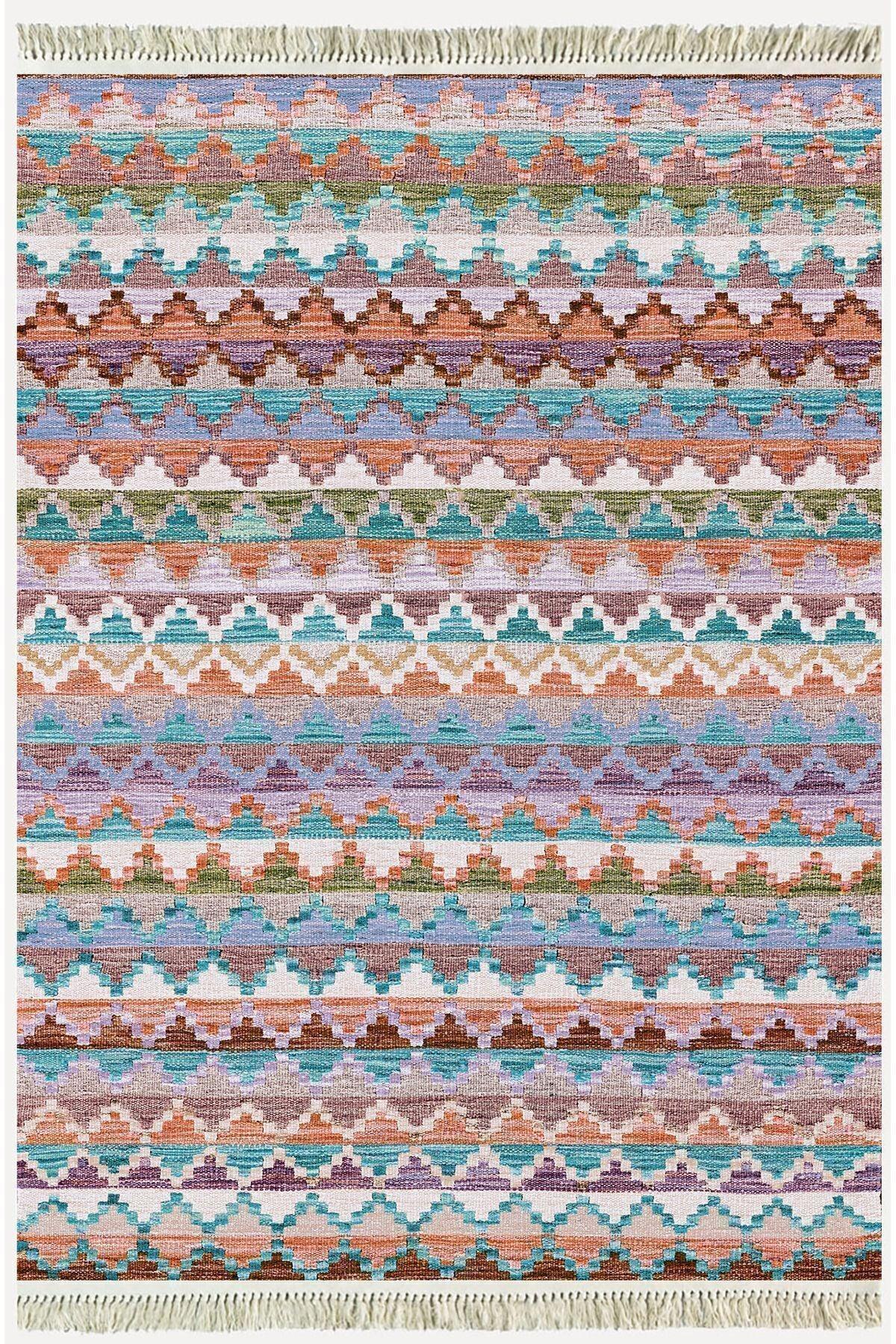 Cotton Kilim 51 Gri Zeminli Geleneksel Motifler Modern Dekoratif Saçaklı Yıkanabilen Dokuma Kilim - HALI VAGONU