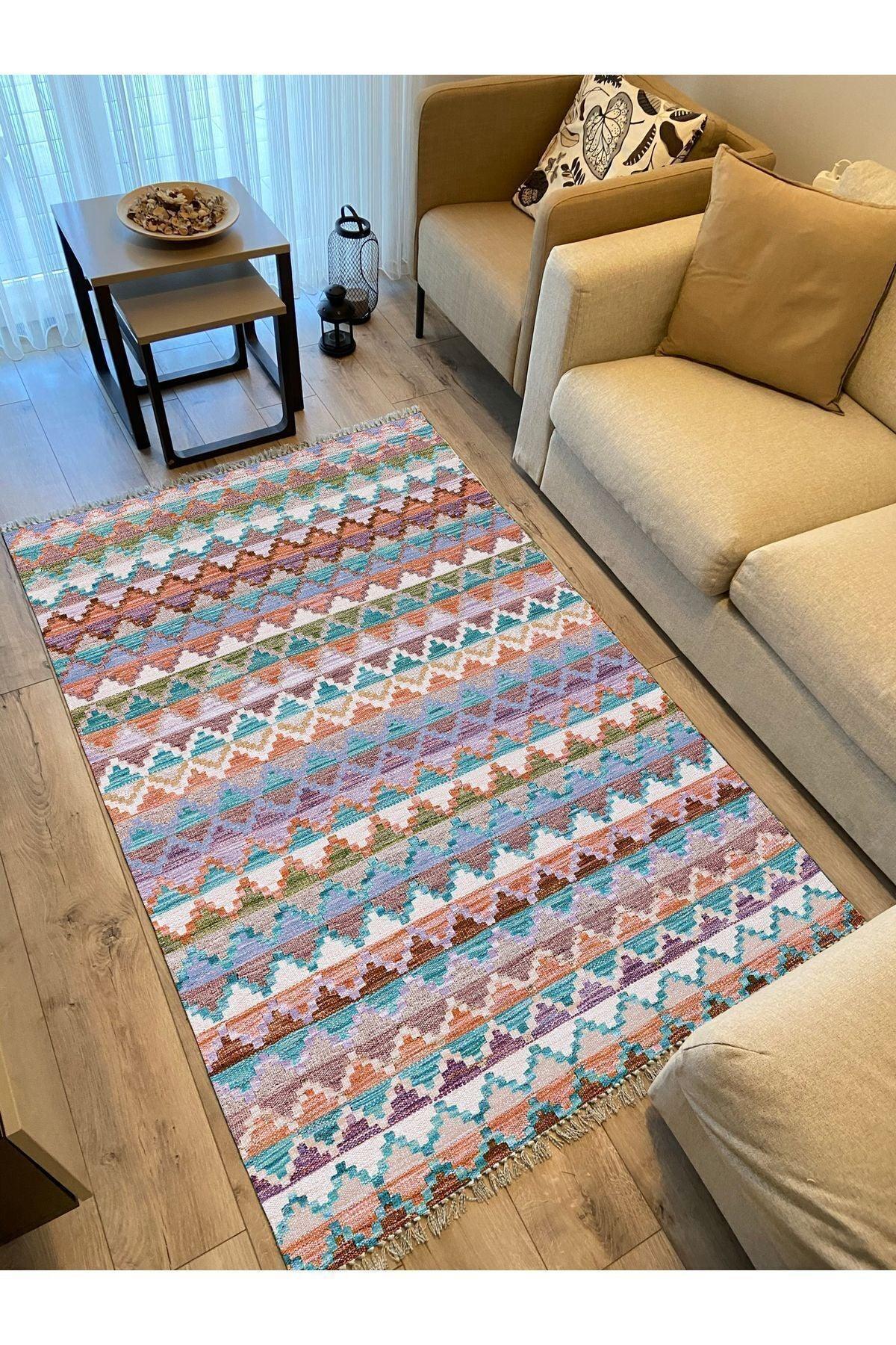 Cotton Kilim 51 Gri Zeminli Geleneksel Motifler Modern Dekoratif Saçaklı Yıkanabilen Dokuma Kilim - HALI VAGONU