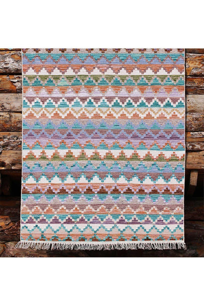 Cotton Kilim 51 Gri Zeminli Geleneksel Motifler Modern Dekoratif Saçaklı Yıkanabilen Dokuma Kilim - HALI VAGONU