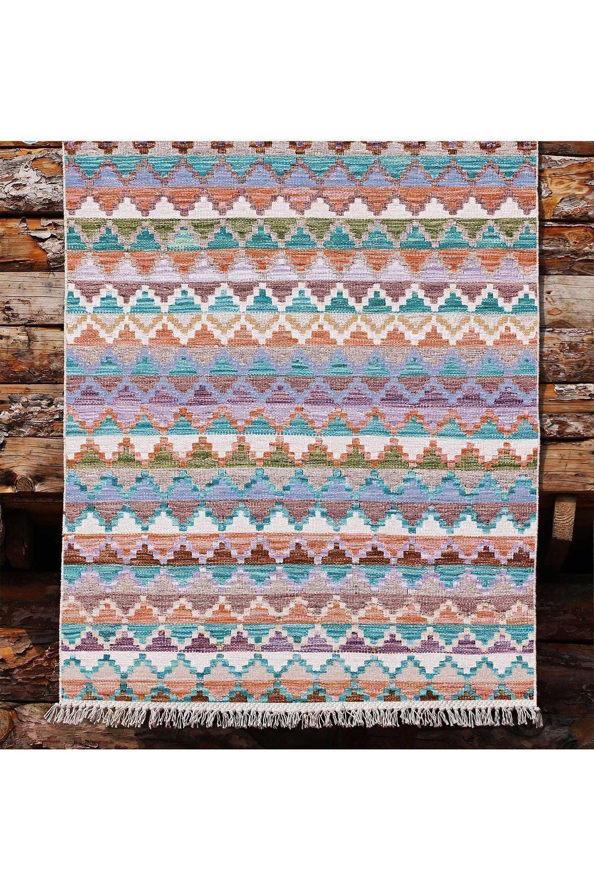 Cotton Kilim 51 Gri Zeminli Geleneksel Motifler Modern Dekoratif Saçaklı Yıkanabilen Dokuma Kilim - HALI VAGONU