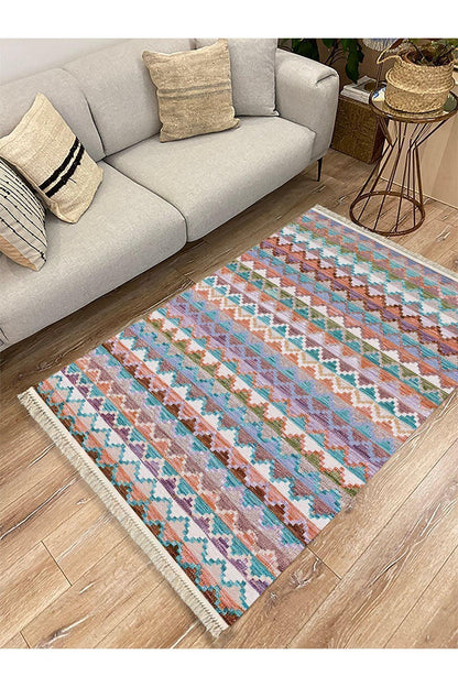 Cotton Kilim 51 Gri Zeminli Geleneksel Motifler Modern Dekoratif Saçaklı Yıkanabilen Dokuma Kilim - HALI VAGONU