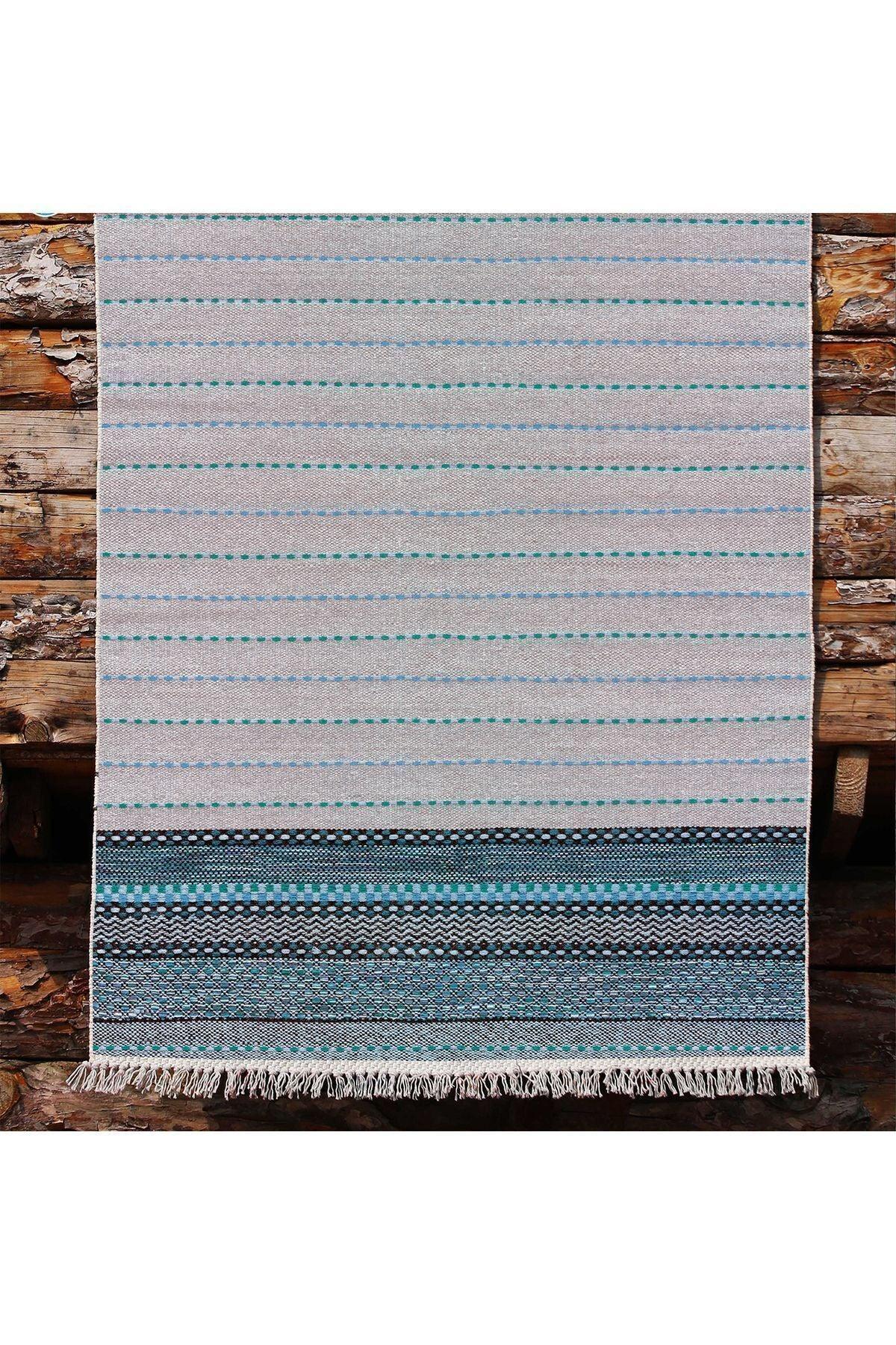 Cotton Kilim 52 Mavi Ve Gri Zeminli Geneleksel Motifler Modern Dekoratif Yıkanabilen Dokuma Kilim - HALI VAGONU