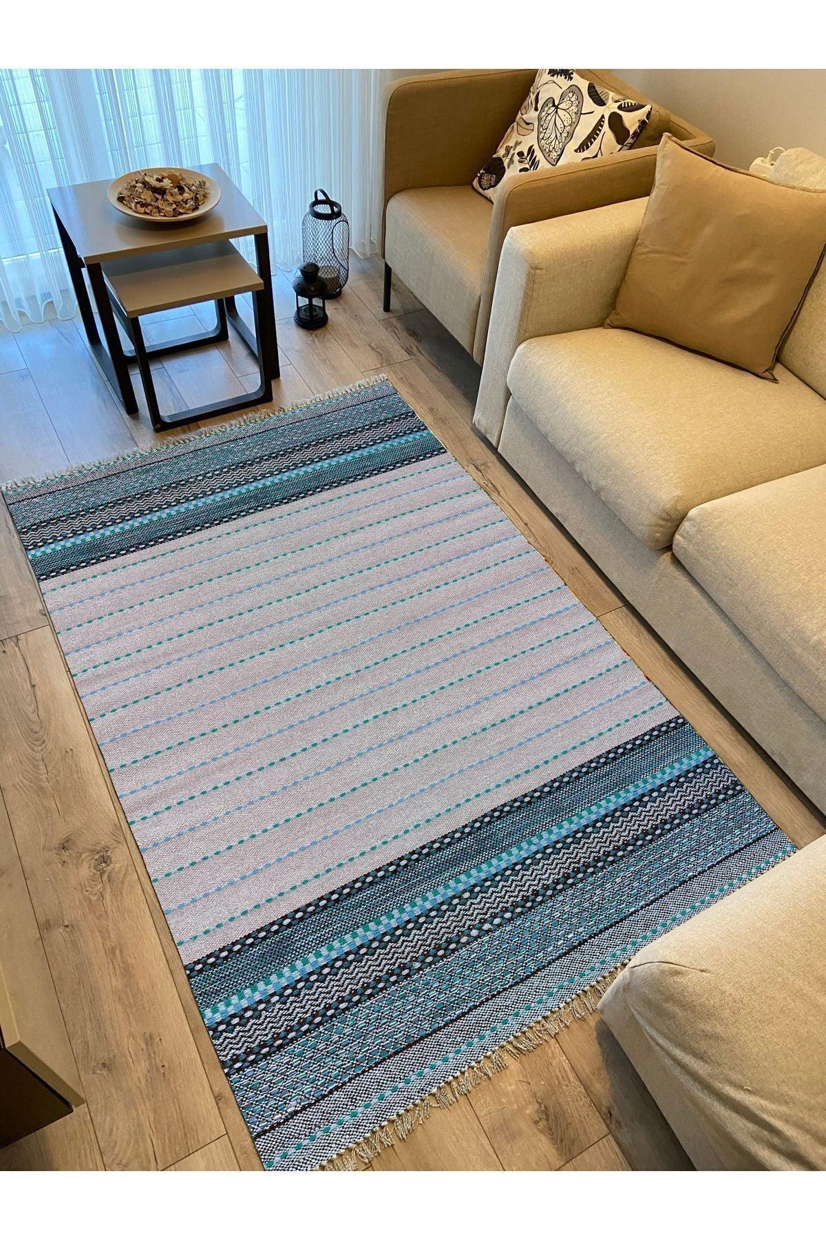 Cotton Kilim 52 Mavi Ve Gri Zeminli Geneleksel Motifler Modern Dekoratif Yıkanabilen Dokuma Kilim - HALI VAGONU
