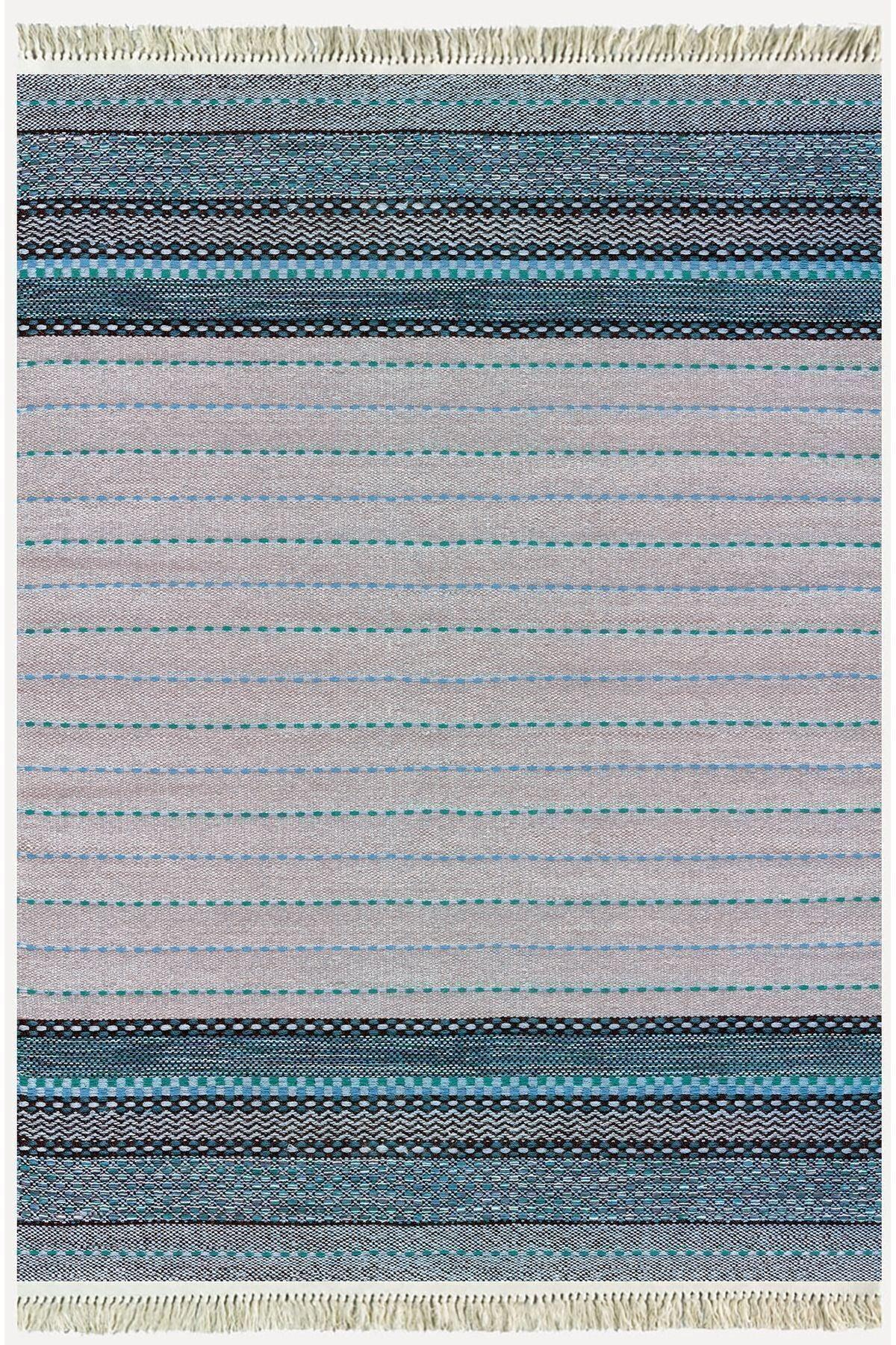 Cotton Kilim 52 Mavi Ve Gri Zeminli Geneleksel Motifler Modern Dekoratif Yıkanabilen Dokuma Kilim - HALI VAGONU