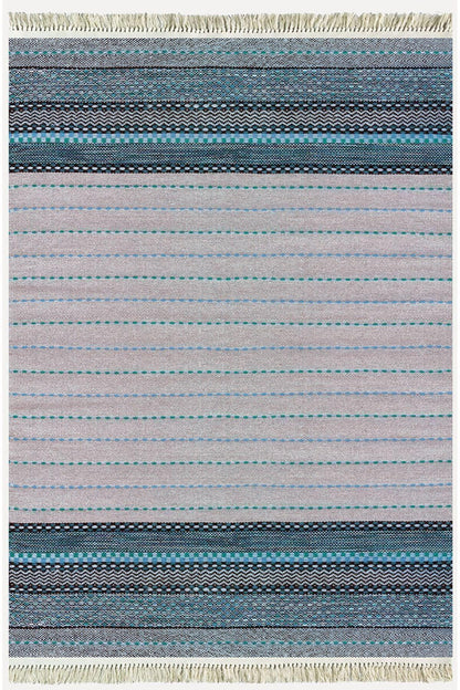 Cotton Kilim 52 Mavi Ve Gri Zeminli Geneleksel Motifler Modern Dekoratif Yıkanabilen Dokuma Kilim - HALI VAGONU