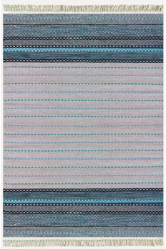 Cotton Kilim 52 Mavi Ve Gri Zeminli Geneleksel Motifler Modern Dekoratif Yıkanabilen Dokuma Kilim - HALI VAGONU