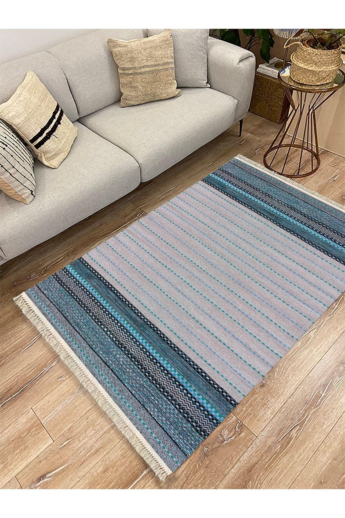 Cotton Kilim 52 Mavi Ve Gri Zeminli Geneleksel Motifler Modern Dekoratif Yıkanabilen Dokuma Kilim - HALI VAGONU
