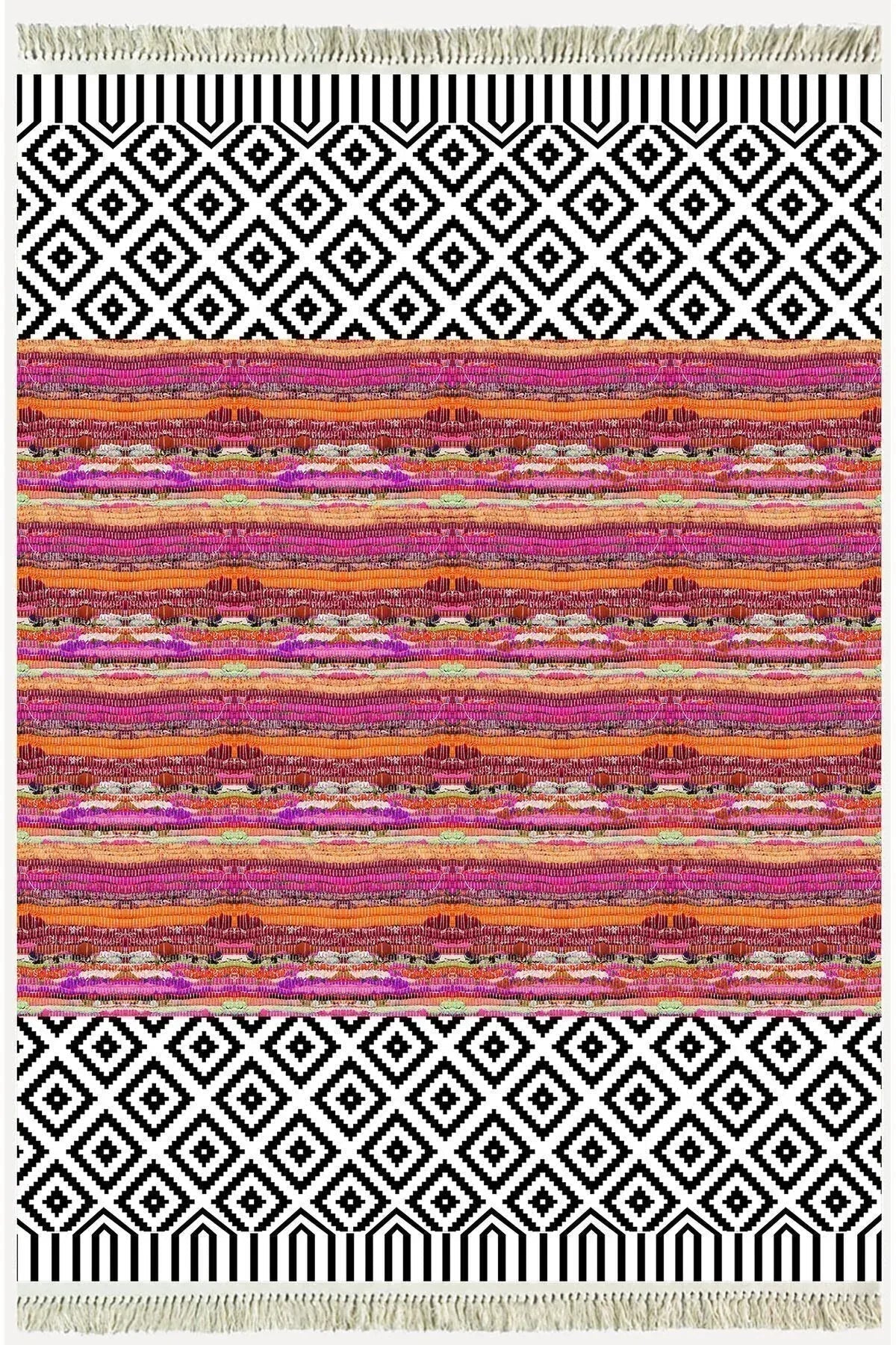 Cotton Kilim 53 Multy Geleneksel Motifler Modern Dekoratif Saçaklı Yıkanabilen Dokuma Kilim - HALI VAGONU