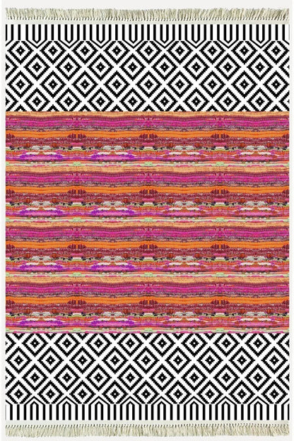 Cotton Kilim 53 Multy Geleneksel Motifler Modern Dekoratif Saçaklı Yıkanabilen Dokuma Kilim - HALI VAGONU