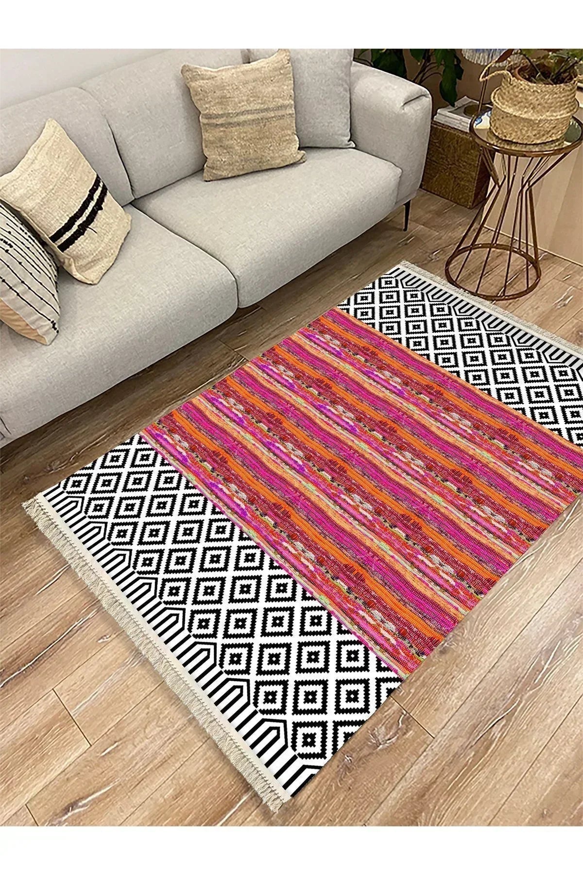 Cotton Kilim 53 Multy Geleneksel Motifler Modern Dekoratif Saçaklı Yıkanabilen Dokuma Kilim - HALI VAGONU