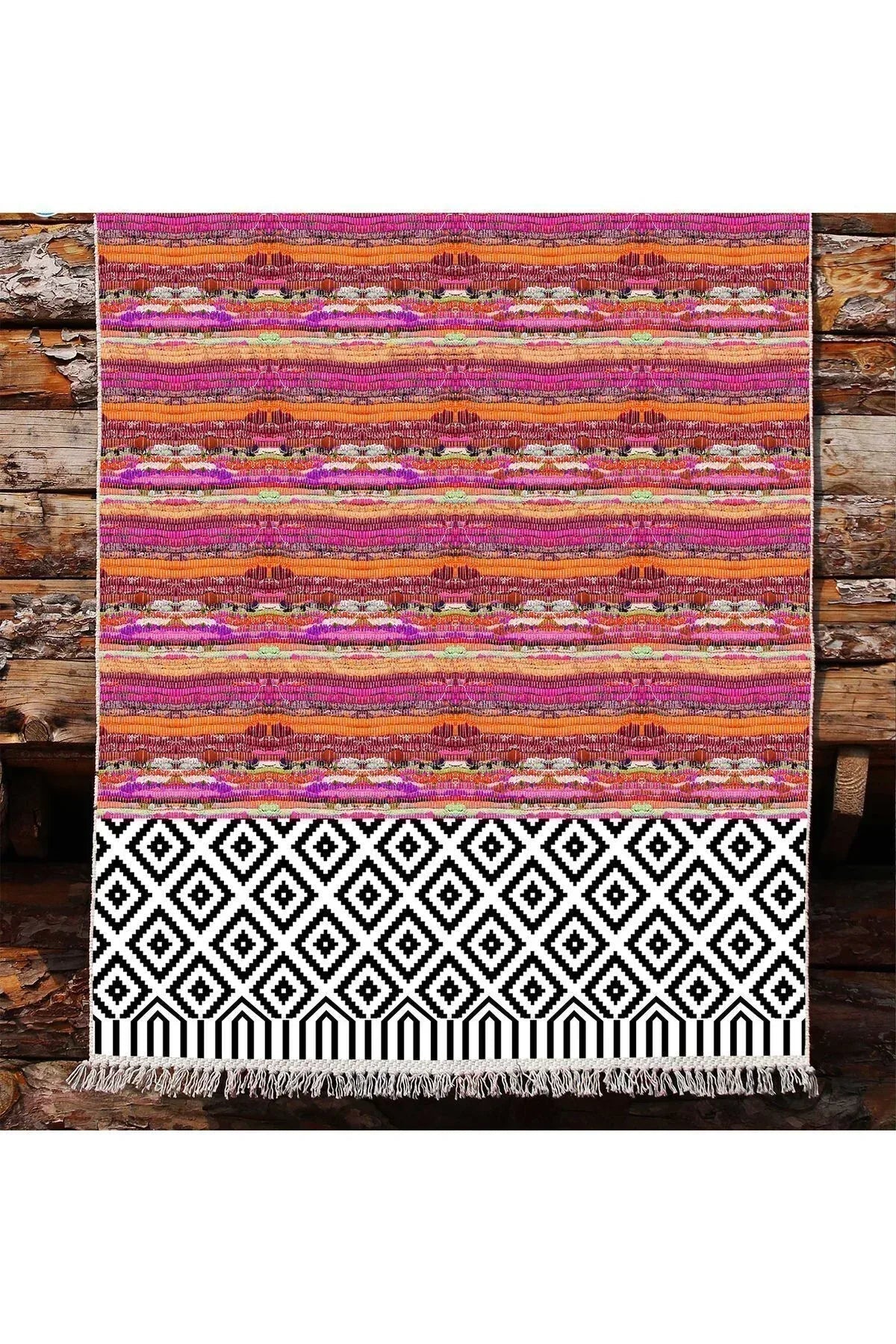 Cotton Kilim 53 Multy Geleneksel Motifler Modern Dekoratif Saçaklı Yıkanabilen Dokuma Kilim - HALI VAGONU
