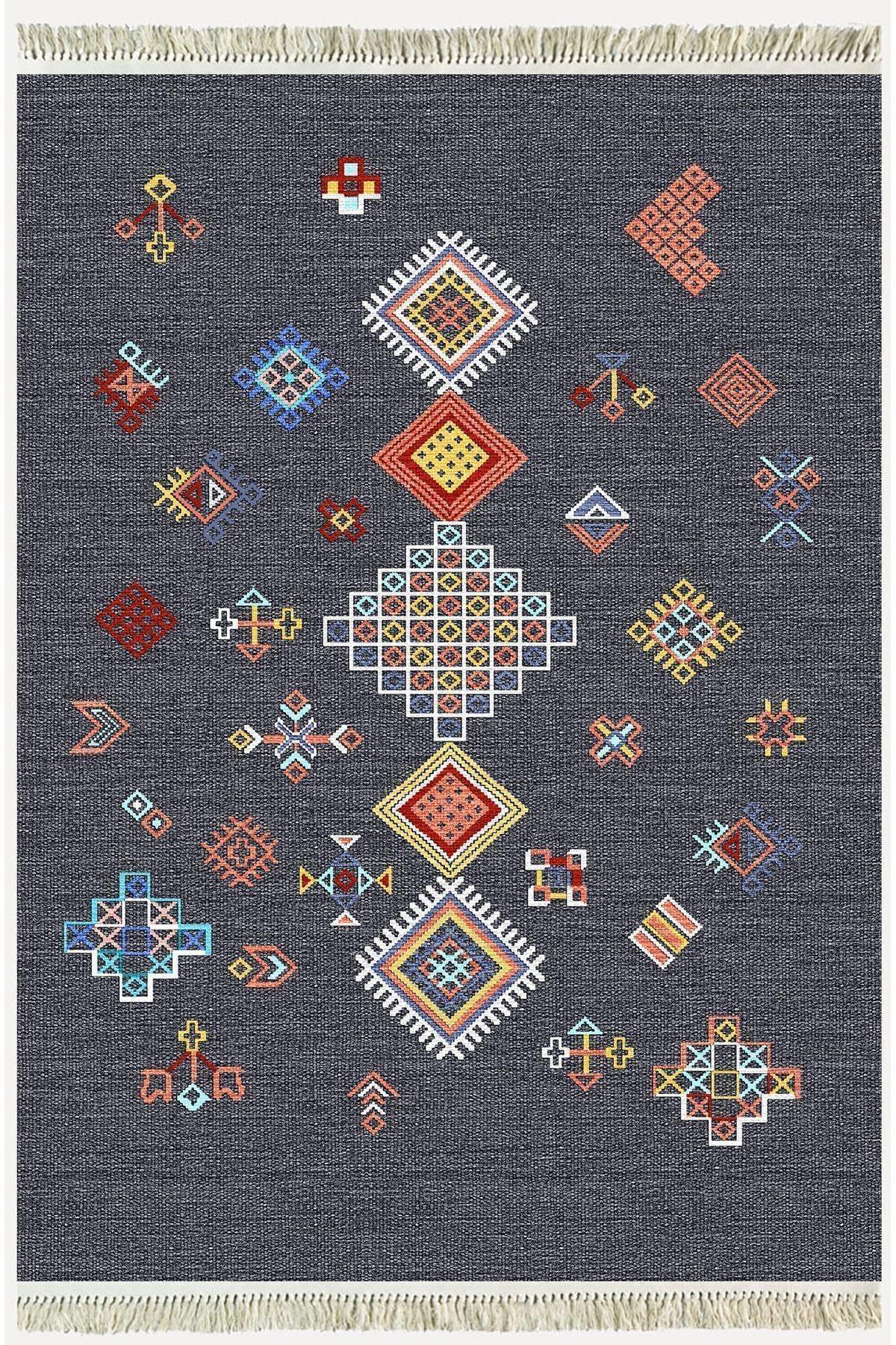 Cotton Kilim 54 Füme Zemin Geleneksel Motifler Modern Dekoratif Saçaklı Yıkanabilen Dokuma Kilim - HALI VAGONU