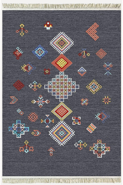 Cotton Kilim 54 Füme Zemin Geleneksel Motifler Modern Dekoratif Saçaklı Yıkanabilen Dokuma Kilim - HALI VAGONU