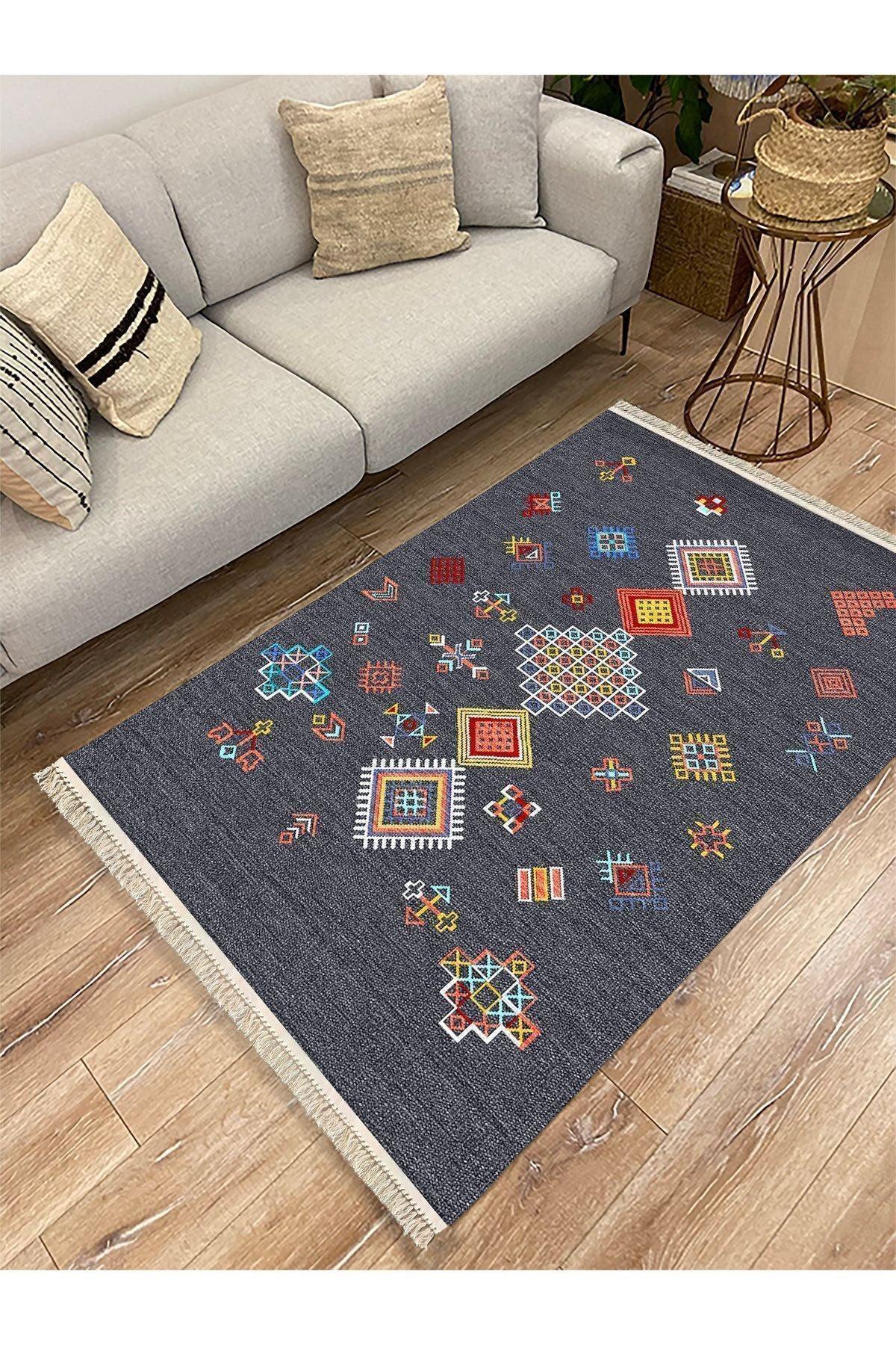 Cotton Kilim 54 Füme Zemin Geleneksel Motifler Modern Dekoratif Saçaklı Yıkanabilen Dokuma Kilim - HALI VAGONU