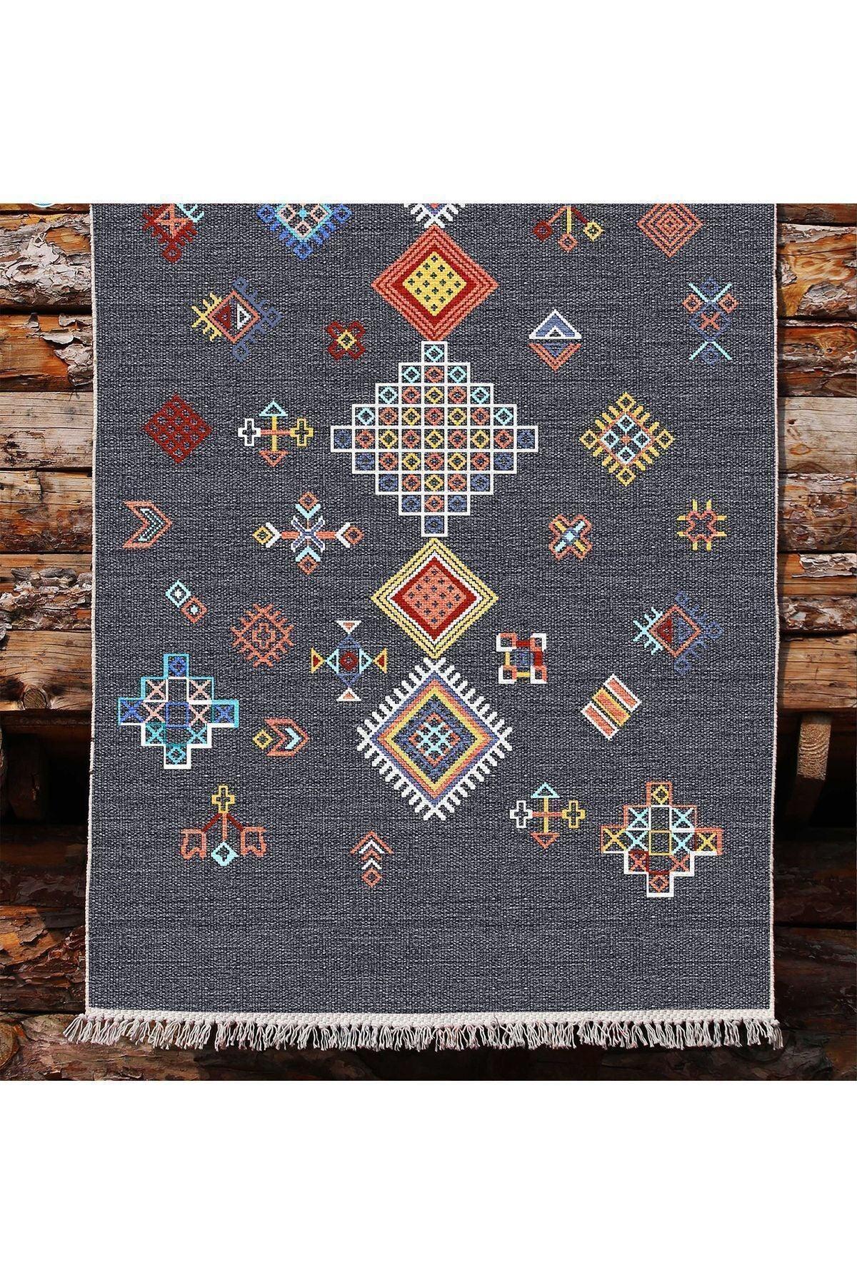 Cotton Kilim 54 Füme Zemin Geleneksel Motifler Modern Dekoratif Saçaklı Yıkanabilen Dokuma Kilim - HALI VAGONU