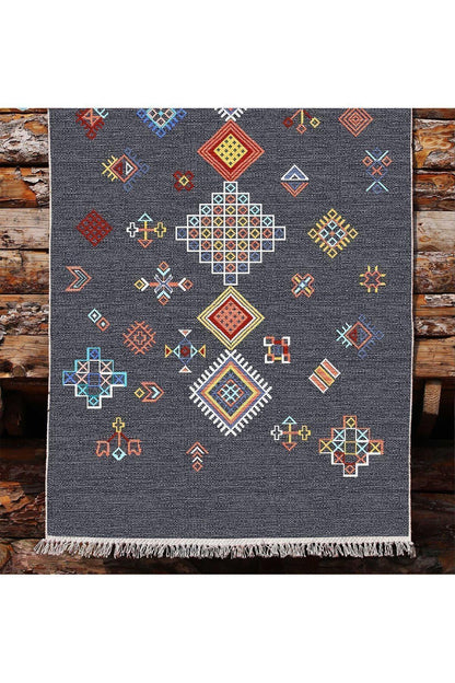 Cotton Kilim 54 Füme Zemin Geleneksel Motifler Modern Dekoratif Saçaklı Yıkanabilen Dokuma Kilim - HALI VAGONU