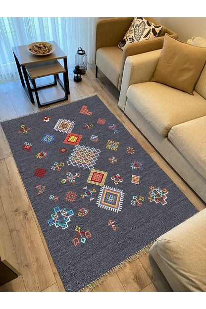 Cotton Kilim 54 Füme Zemin Geleneksel Motifler Modern Dekoratif Saçaklı Yıkanabilen Dokuma Kilim - HALI VAGONU