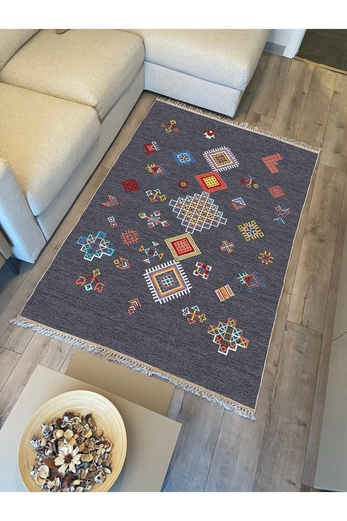 Cotton Kilim 54 Füme Zemin Geleneksel Motifler Modern Dekoratif Saçaklı Yıkanabilen Dokuma Kilim - HALI VAGONU
