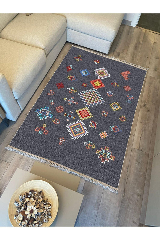 Cotton Kilim 54 Füme Zemin Geleneksel Motifler Modern Dekoratif Saçaklı Yıkanabilen Dokuma Kilim - HALI VAGONU