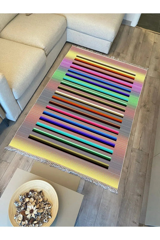 Cotton Kilim 55 Multy Geleneksel Motifler Modern Dekoratif Saçaklı Yıkanabilen Dokuma Kilim - HALI VAGONU