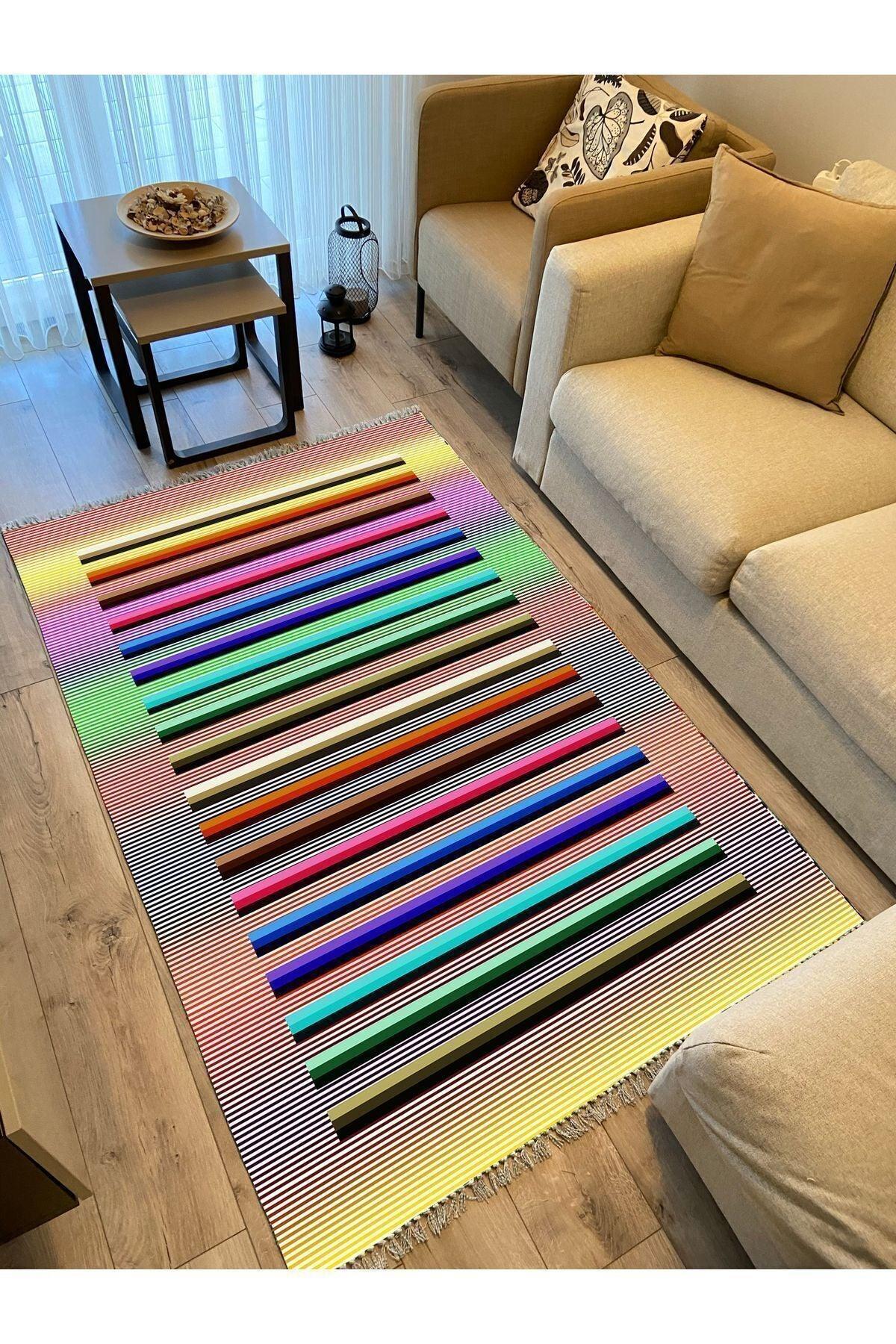 Cotton Kilim 55 Multy Geleneksel Motifler Modern Dekoratif Saçaklı Yıkanabilen Dokuma Kilim - HALI VAGONU