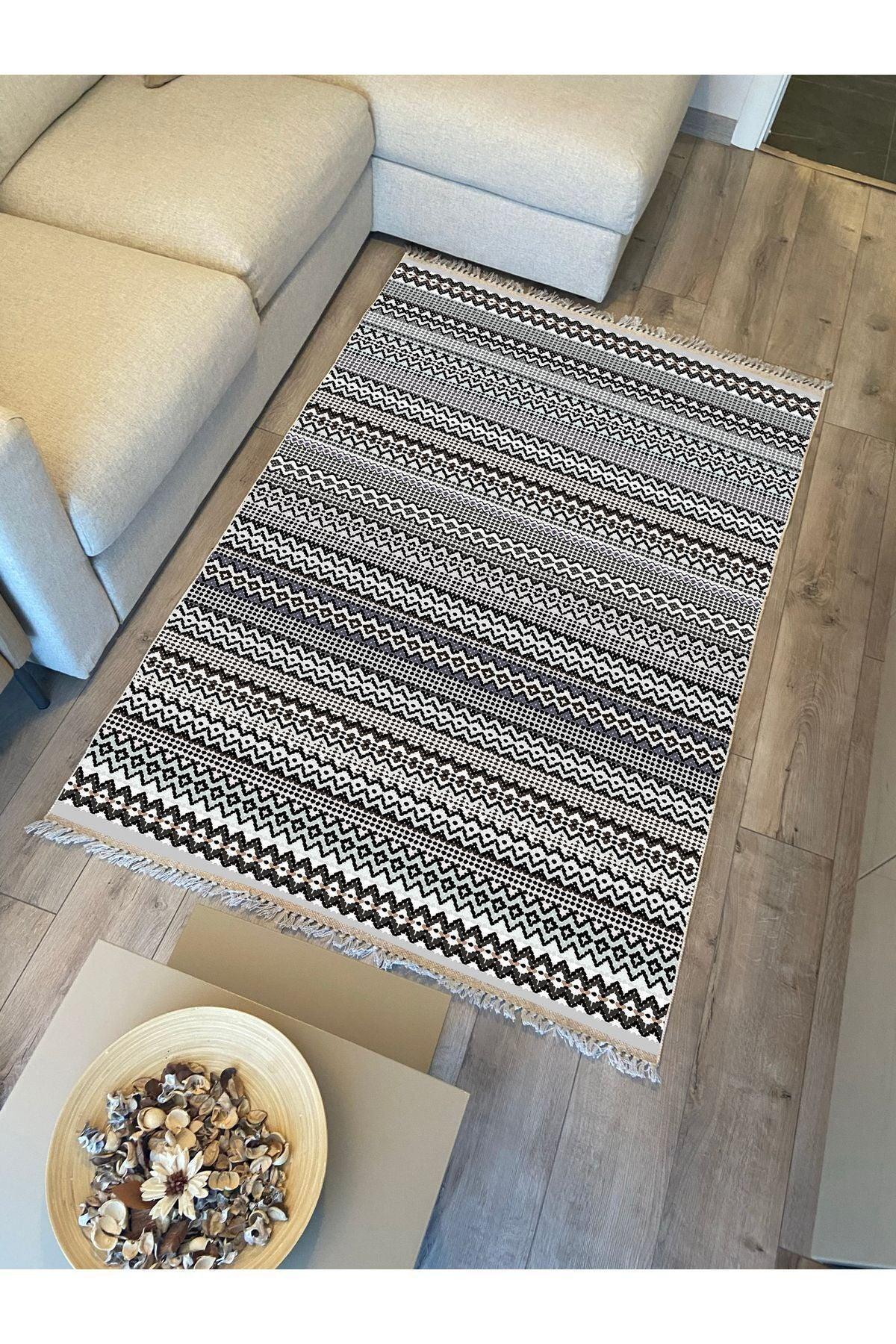 Cotton Kilim 56 Gri Desenli Geleneksel Motifler Modern Dekoratif Saçaklı Yıkanabilen Dokuma Kilim - HALI VAGONU