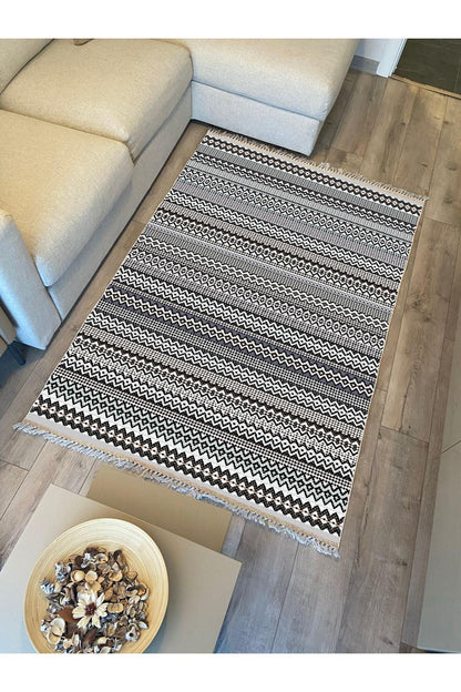Cotton Kilim 56 Gri Desenli Geleneksel Motifler Modern Dekoratif Saçaklı Yıkanabilen Dokuma Kilim - HALI VAGONU