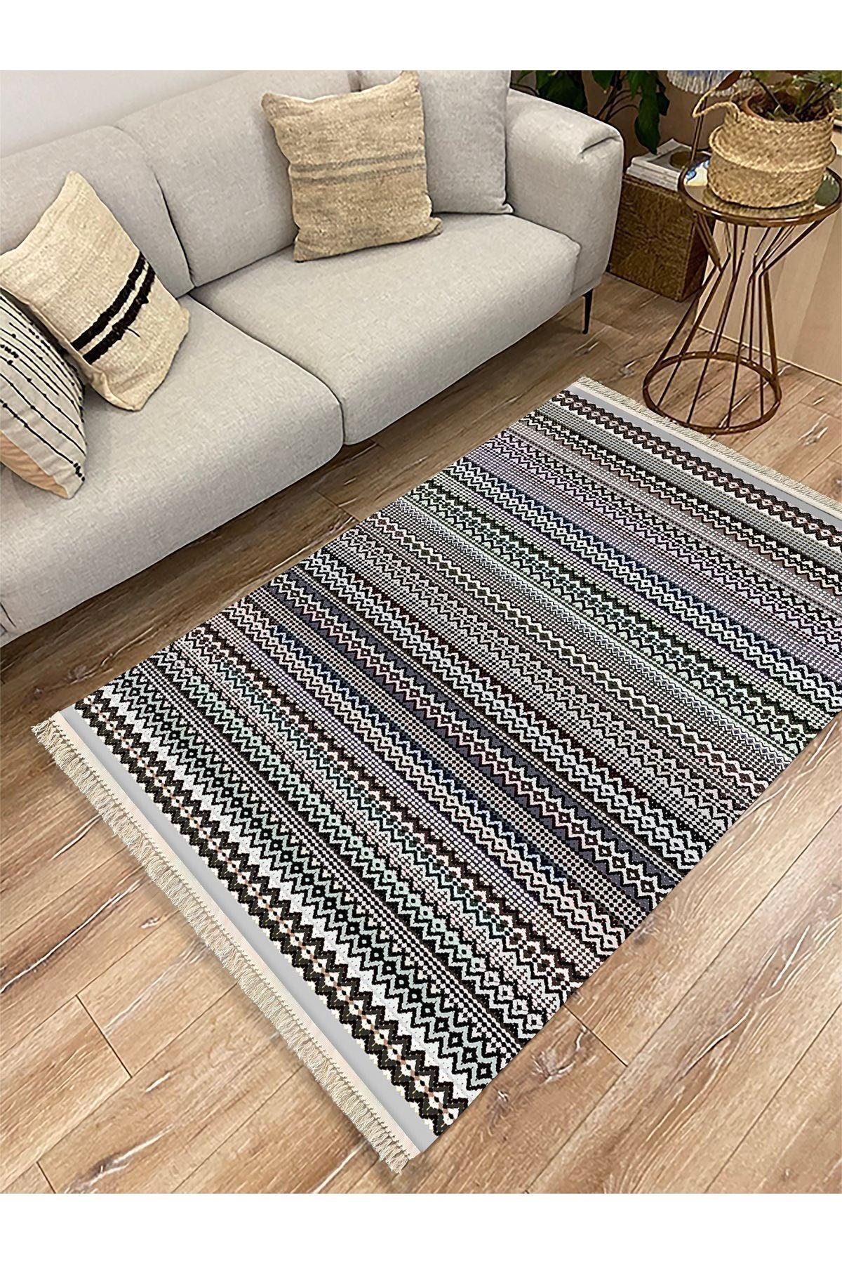 Cotton Kilim 56 Gri Desenli Geleneksel Motifler Modern Dekoratif Saçaklı Yıkanabilen Dokuma Kilim - HALI VAGONU