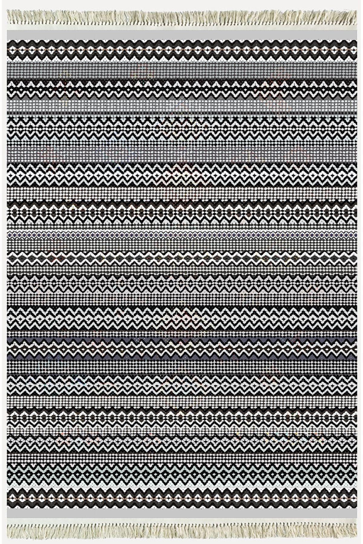 Cotton Kilim 56 Gri Desenli Geleneksel Motifler Modern Dekoratif Saçaklı Yıkanabilen Dokuma Kilim - HALI VAGONU