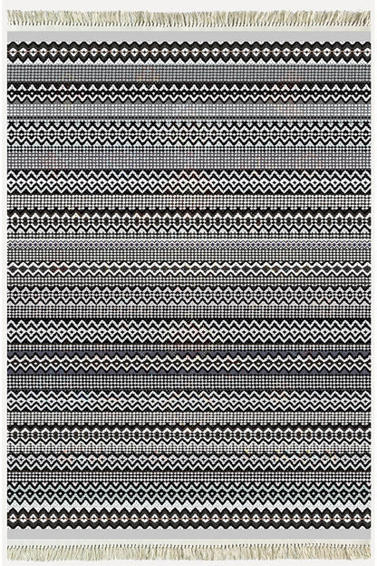 Cotton Kilim 56 Gri Desenli Geleneksel Motifler Modern Dekoratif Saçaklı Yıkanabilen Dokuma Kilim - HALI VAGONU