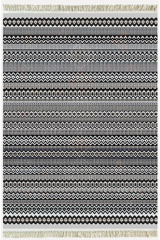 Cotton Kilim 56 Gri Desenli Geleneksel Motifler Modern Dekoratif Saçaklı Yıkanabilen Dokuma Kilim - HALI VAGONU