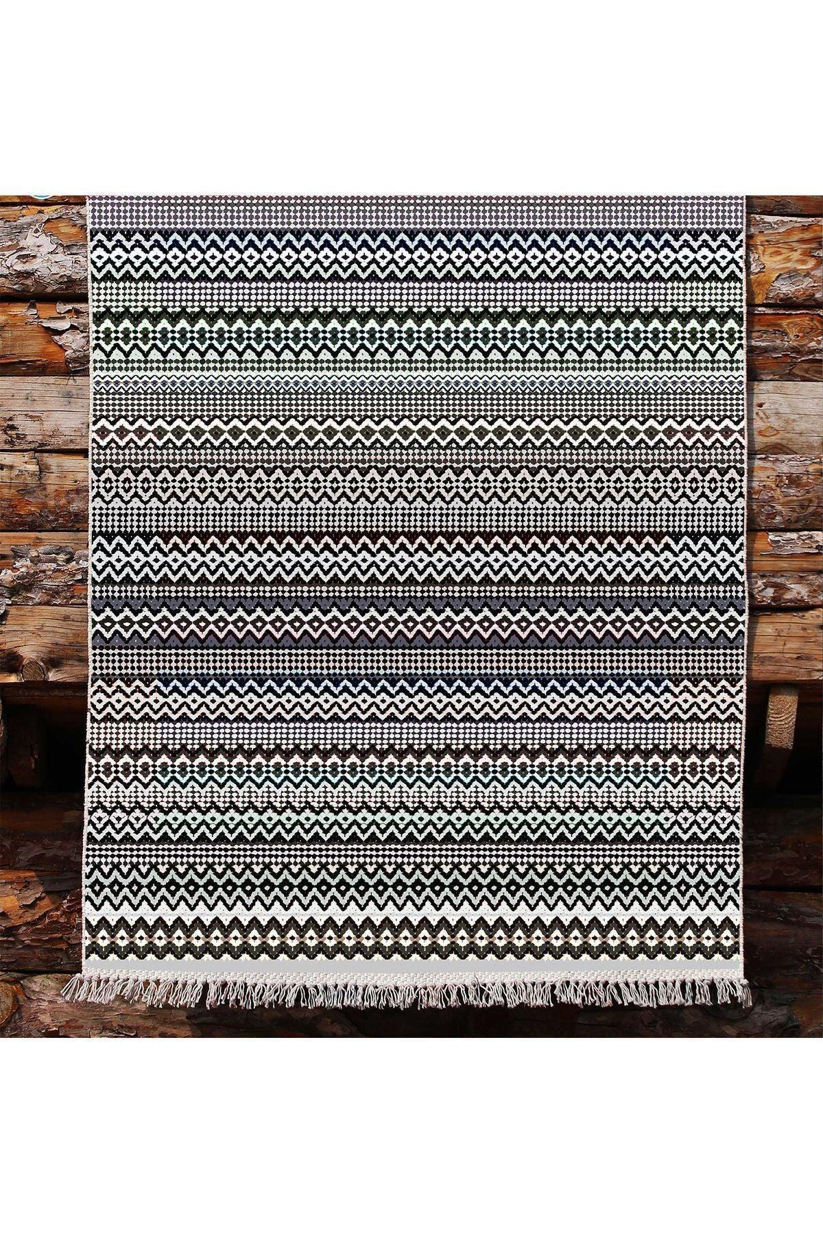 Cotton Kilim 56 Gri Desenli Geleneksel Motifler Modern Dekoratif Saçaklı Yıkanabilen Dokuma Kilim - HALI VAGONU