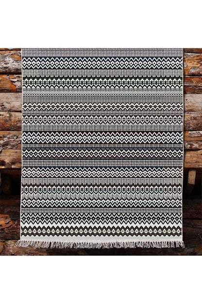 Cotton Kilim 56 Gri Desenli Geleneksel Motifler Modern Dekoratif Saçaklı Yıkanabilen Dokuma Kilim - HALI VAGONU