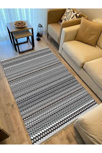Cotton Kilim 56 Gri Desenli Geleneksel Motifler Modern Dekoratif Saçaklı Yıkanabilen Dokuma Kilim - HALI VAGONU