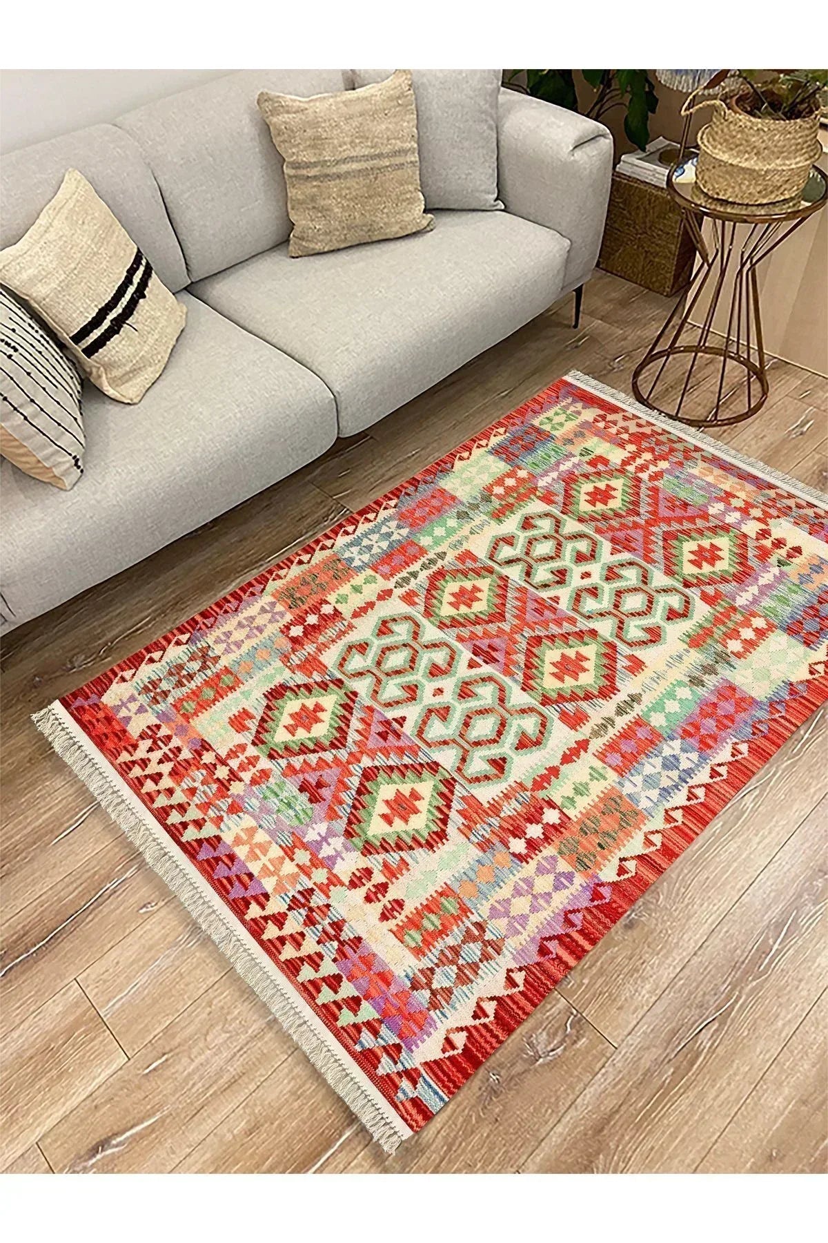 Cotton Kilim 57 Turuncu Geleneksel Motifler Modern Dekoratif Saçaklı Yıkanabilen Dokuma Kilim - HALI VAGONU