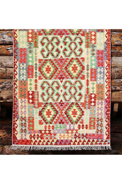 Cotton Kilim 57 Turuncu Geleneksel Motifler Modern Dekoratif Saçaklı Yıkanabilen Dokuma Kilim - HALI VAGONU