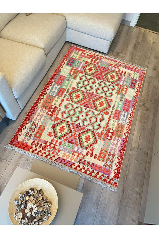 Cotton Kilim 57 Turuncu Geleneksel Motifler Modern Dekoratif Saçaklı Yıkanabilen Dokuma Kilim - HALI VAGONU