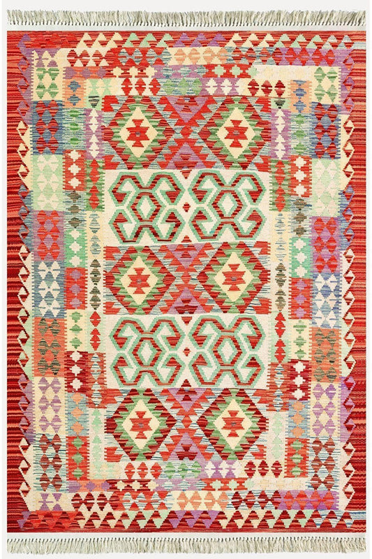 Cotton Kilim 57 Turuncu Geleneksel Motifler Modern Dekoratif Saçaklı Yıkanabilen Dokuma Kilim - HALI VAGONU