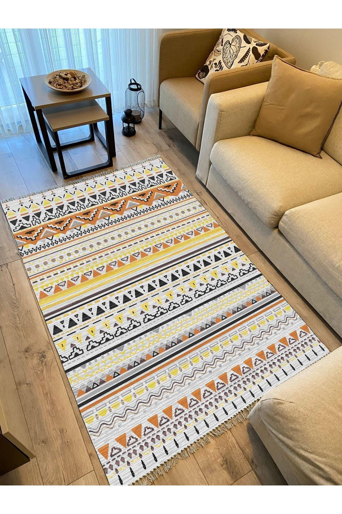 Cotton Kilim 58 Soft Renklerde Şerit Desenli Dekoratif Yıkanabilen Dokuma Taban Kilim - HALI VAGONU