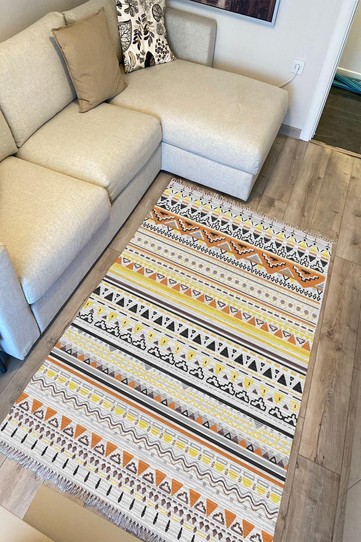Cotton Kilim 58 Soft Renklerde Şerit Desenli Dekoratif Yıkanabilen Dokuma Taban Kilim - HALI VAGONU